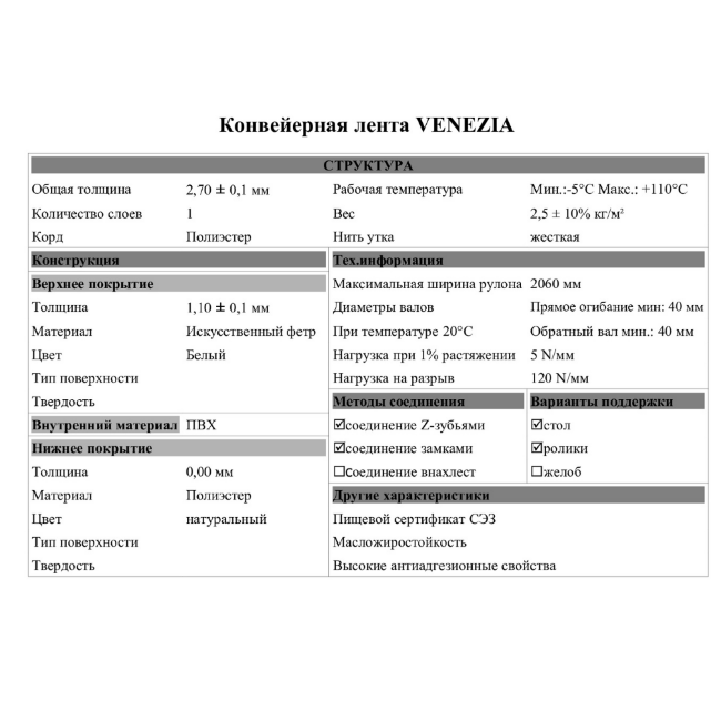 Конвейерная лента Venezia Конвейерная лента Venezia